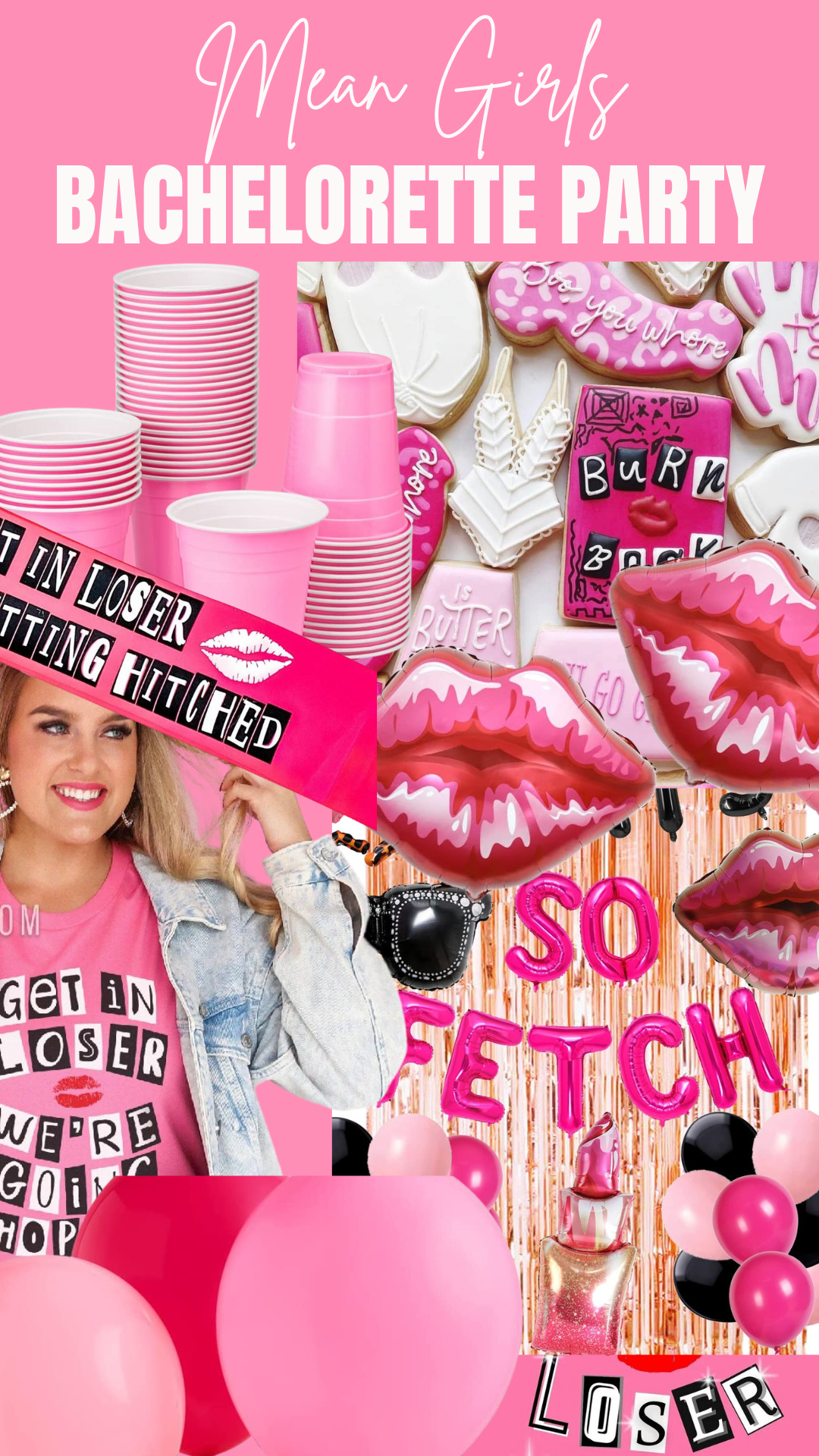You Can't Sip with Us Hot Pink Girls Bachelorette Party Decorations with  Lip Balloon Bride
