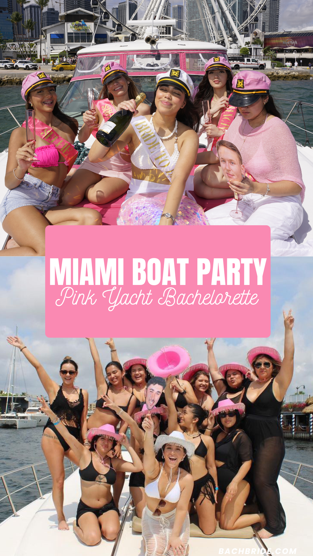 Bachelorette party group celebrating on pink yacht Miami charter with champagne and matching outfits