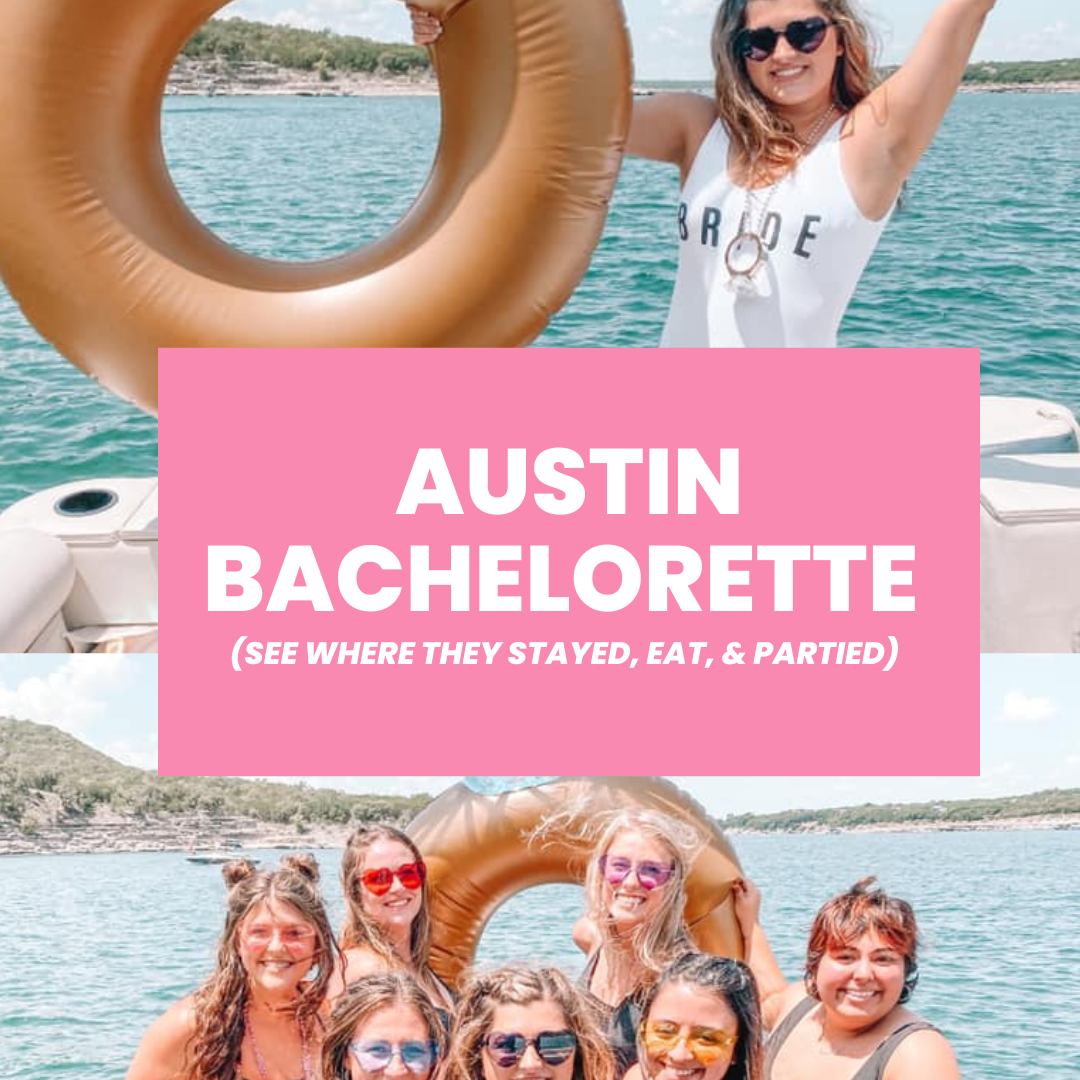Graphic showing Austin bachelorette boat day with bride holding inflatable ring and group posing on Lake Travis boat