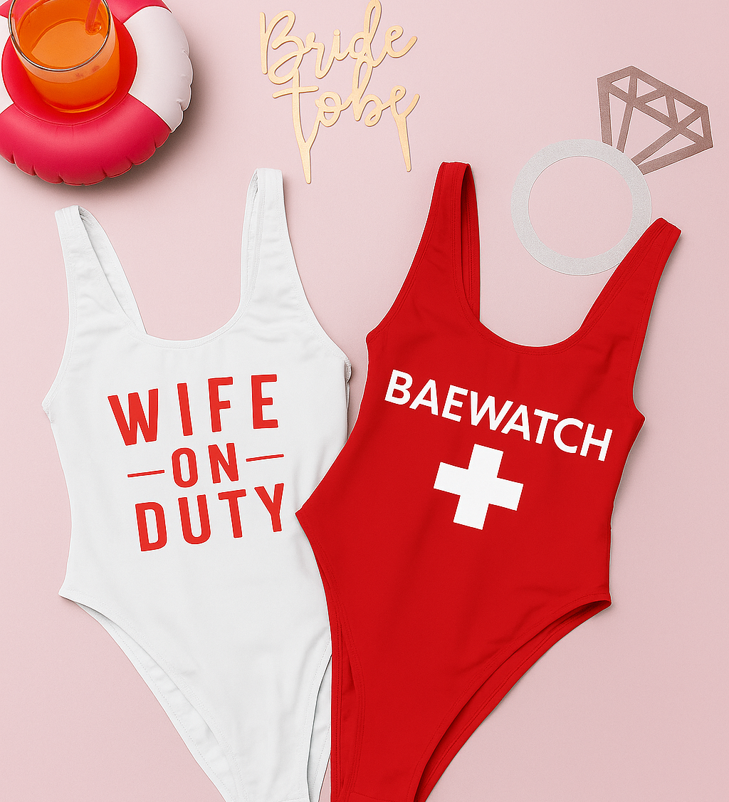 wife on duty bachelorette party swimsuit baewatch lifegaurd