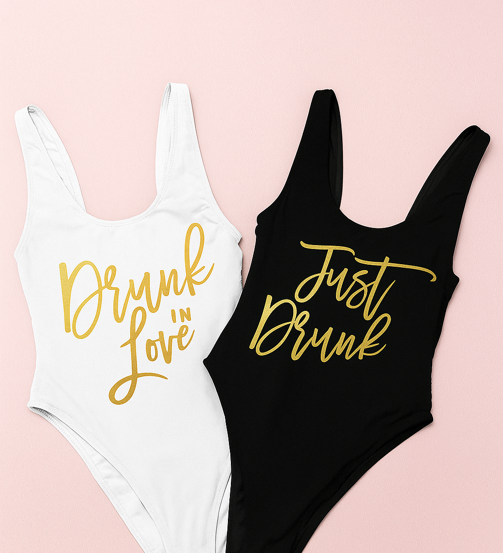 gold drunk in love cursive and just drunk cursive bachelorette party swimsuit