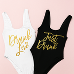 gold drunk in love cursive and just drunk cursive bachelorette party swimsuit