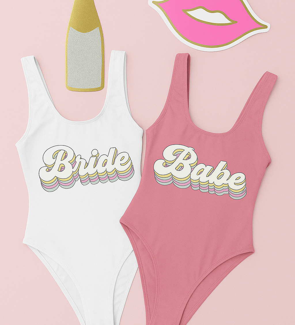 Retro bride and babe bachelorette swimsuits