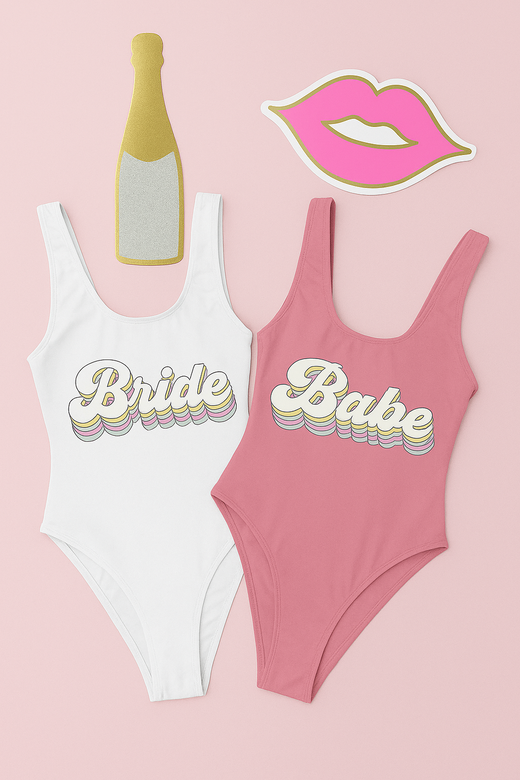 Retro bride and babe bachelorette swimsuits