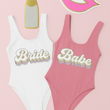 Retro bride and babe bachelorette swimsuits