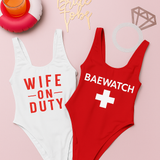 Lifeguard bachelorette party swimsuits