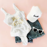 Palm leaf bachelorette party swimsuit