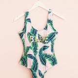 Palm leaf bachelorette party swimsuit