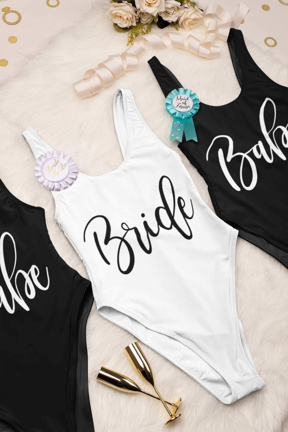 Bachelorette Party White Bridal Swimsuit Bride Rose Gold Glam