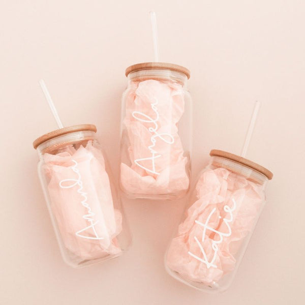 Bridesmaid Gift - Personalized Can Shaped Glass wiTh Cork Lid and Straw -  Bridesmaid Gifts Boutique