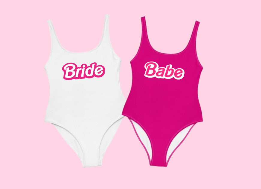Retro Barbie bachelorette party swimsuits