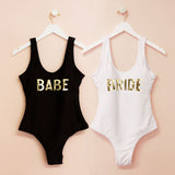 Palm leaf bachelorette party swimsuit