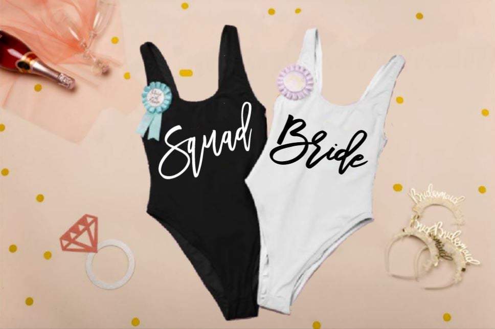 Custom squad bachelorette swimsuits