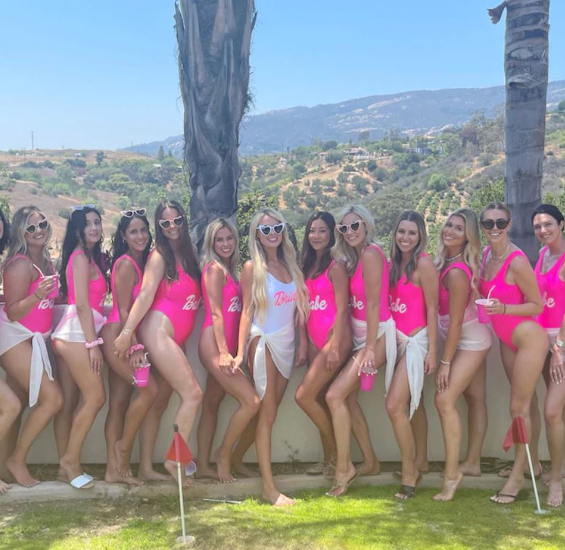 Pink bride squad swimsuit store