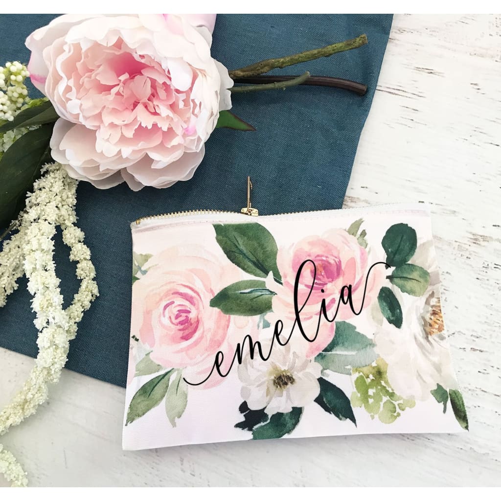 Personalized Pink Rose makeup bag - makeup bags