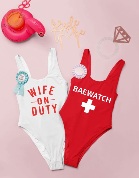 Lifeguard bachelorette party swimsuits
